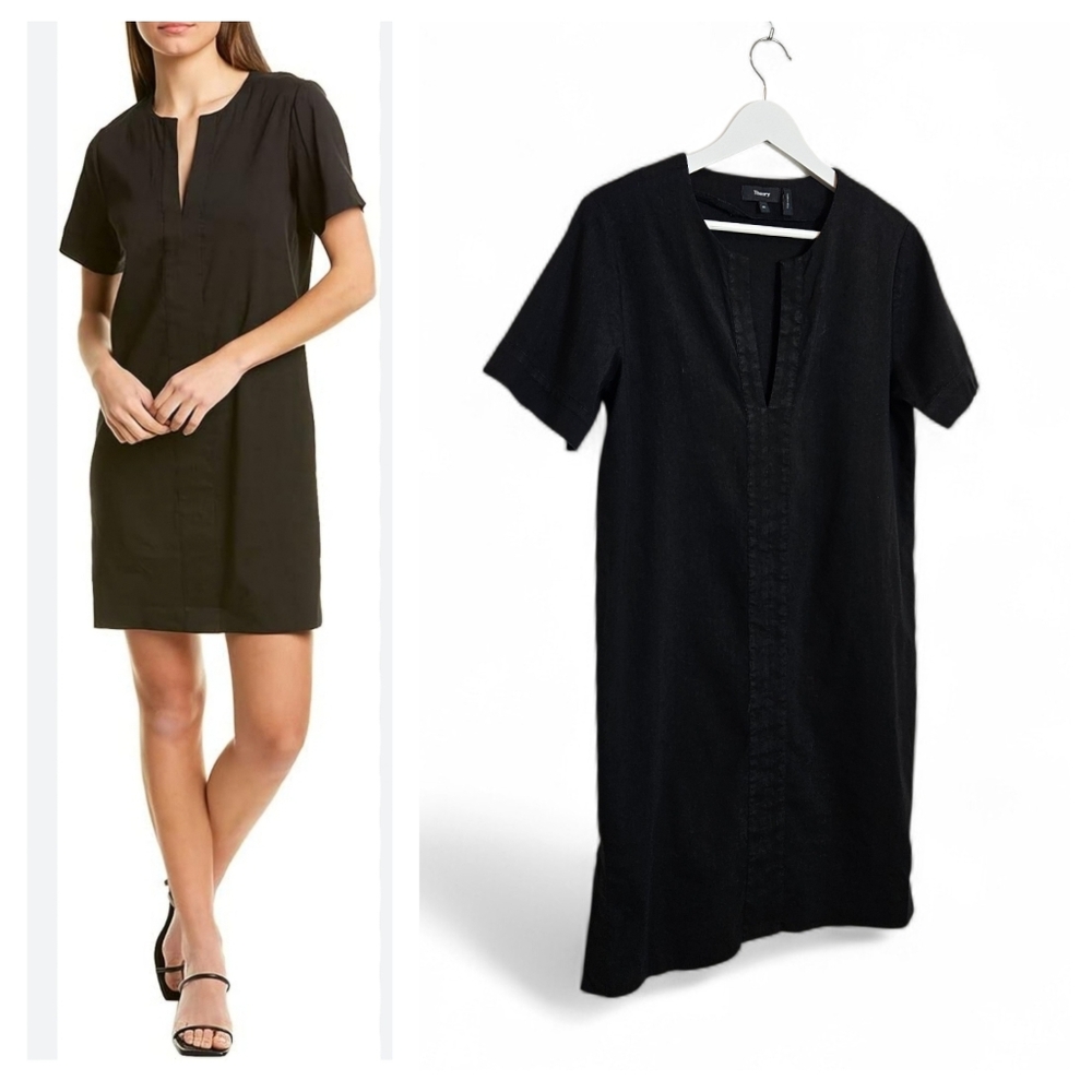 Theory Shift Dress Size M Caliver Slit Front Linen Blend Minimalist Tunic Black